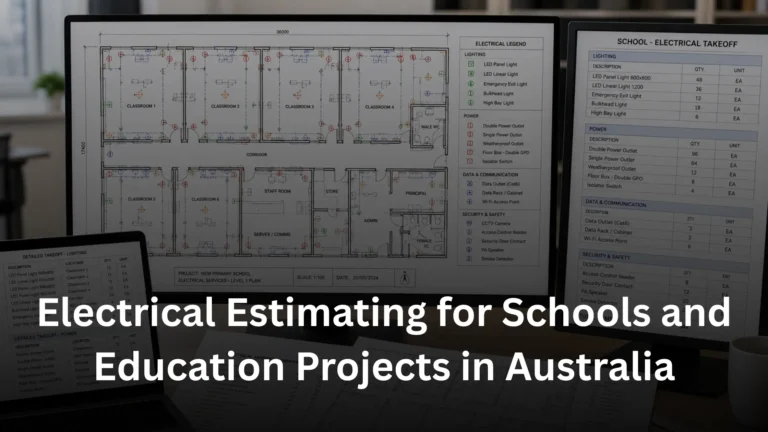 School electrical takeoff showing classroom lighting power data and security quantities
