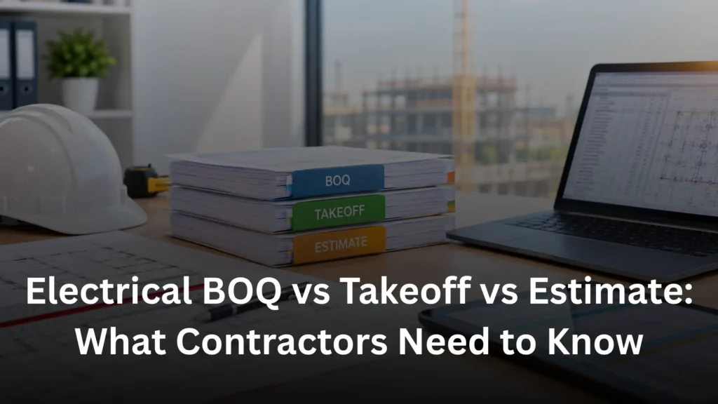 Electrical BOQ, takeoff and estimate documents with construction plans.