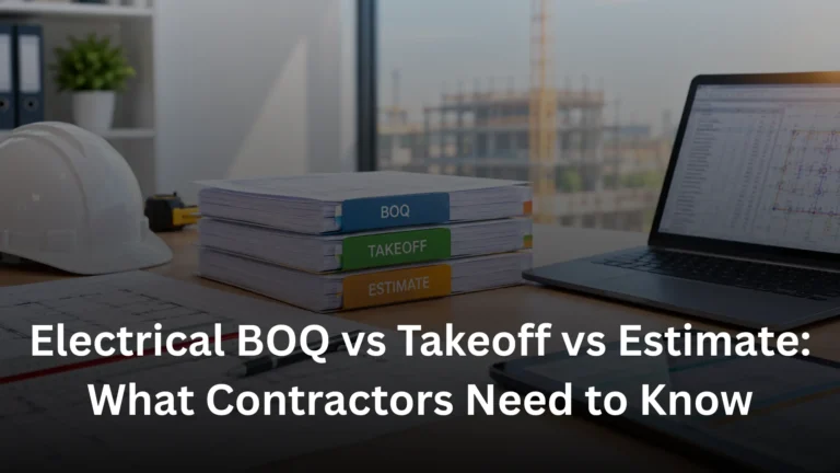 Electrical BOQ, takeoff and estimate documents with construction plans.