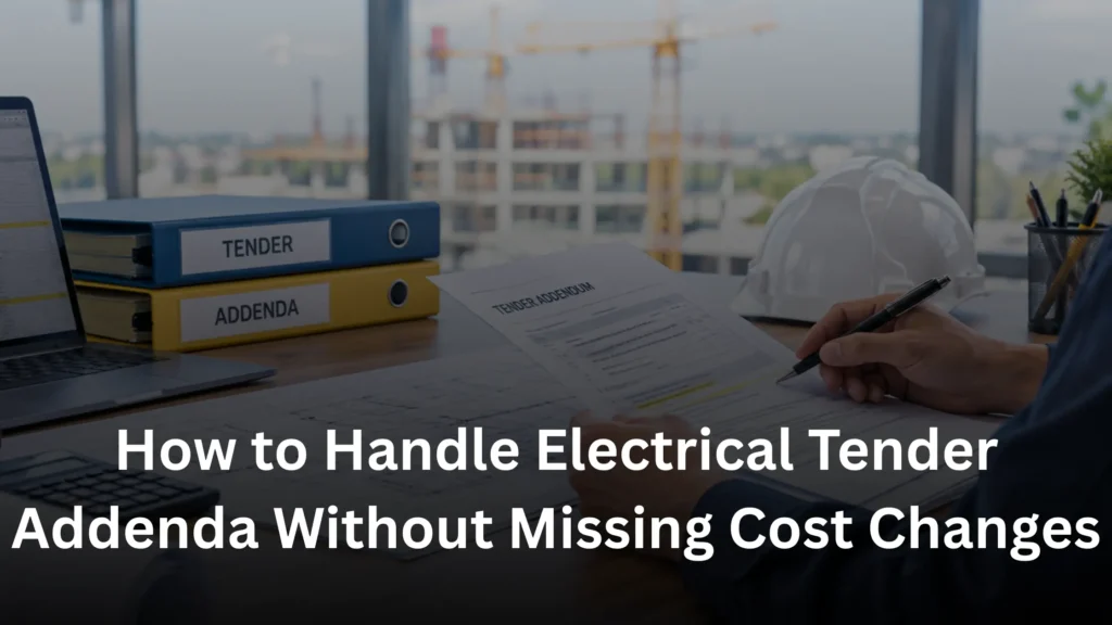 Contractor reviewing electrical tender addenda and construction plans