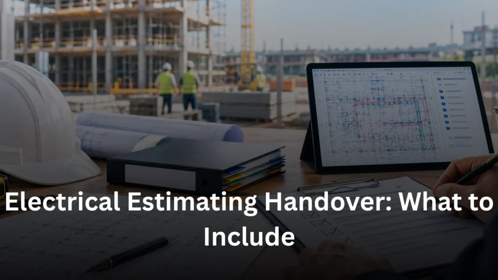Construction site electrical estimating handover with plans, checklist and digital drawings.